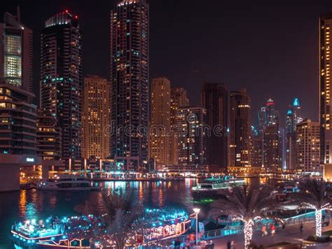 Night Panorama Of Dubai Marina Area Of Large Modern City Editorial