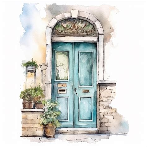 Premium AI Image There Is A Painting Of A Blue Door With Potted