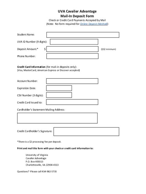 Fillable Online UVA Cavalier Advantage Mail In Deposit Form Fax Email