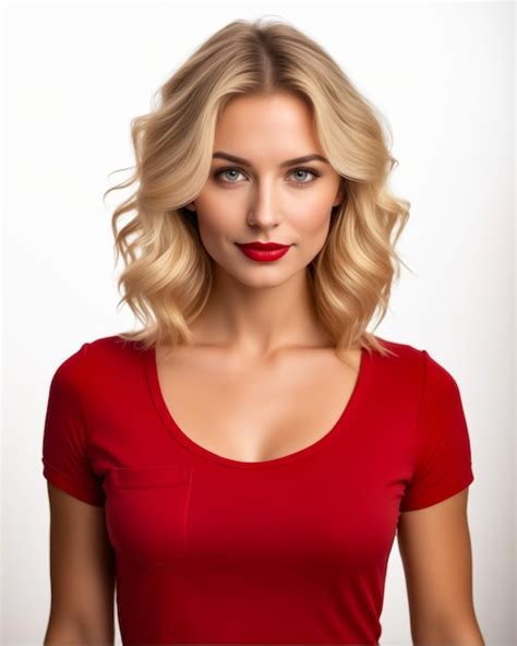 Premium Photo A Blonde Woman In A Red Shirt With A Red Lipstick