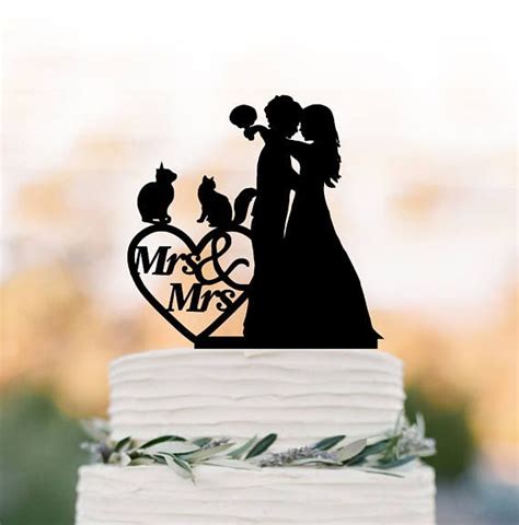 Lesbian Wedding Cake Topper With Two Cats Mrs And Mrs Same Wedding Cake