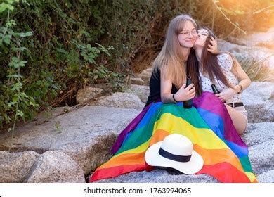 Lesbian Couple Kissing Gay Pride Flag Stock Photo Shutterstock