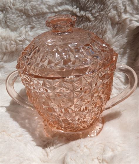 Jeannette Holiday Button And Bows Pink Depression Glass Jar Pressed Glass 1940s Pink Glass Lid