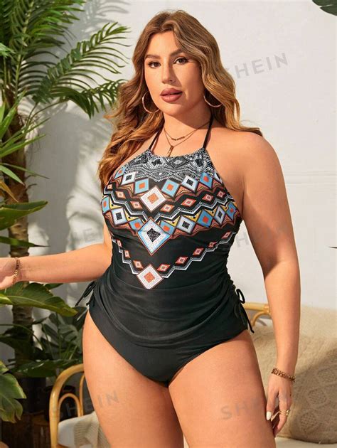 Shein Swim Curve Plus Size Women S Geometric Print Halter Neck Bikini