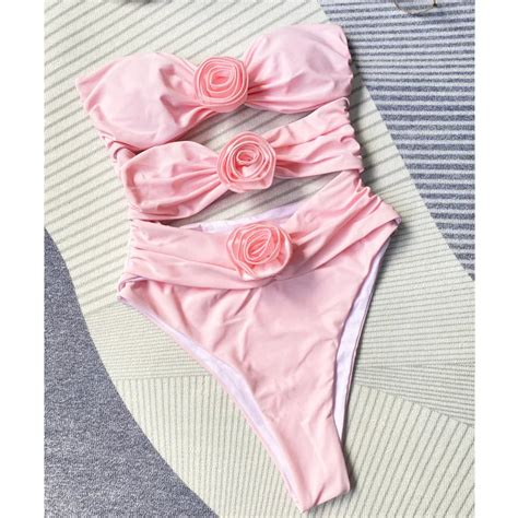 Womens Pink Bandeau Bikini Set With Rose Accents On Luulla