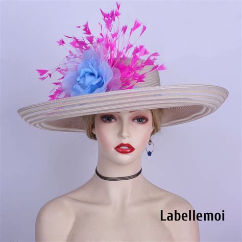 Large Nude Baby Blue Fuchsia Kentucky Derby Hat Hot Pink Wedding Ascot