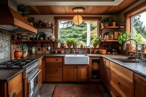 Premium AI Image | A kitchen with a sink and a window with plants on it