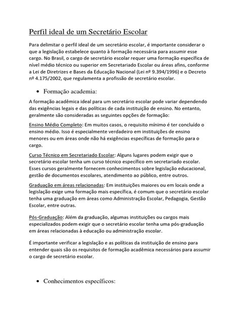 Perfil do Secretário Escolar Ideal | PDF | Pós-graduação | Secretário(a)