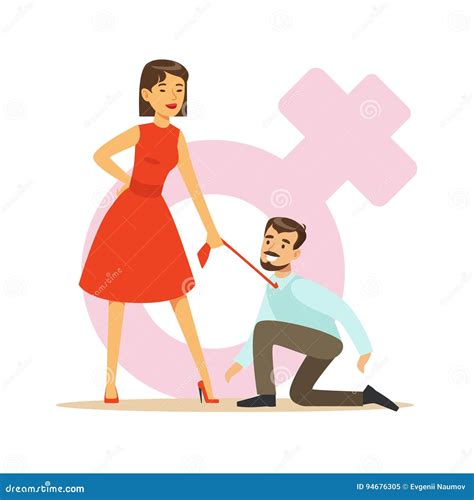Woman in Red Dress Holding Her Man by His Tie Dominating Him, Feminism