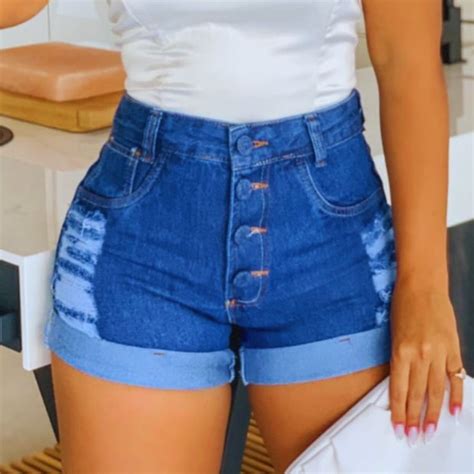 Short Jeans Feminino Cintura Alta Botões Cobertos Hot Pants Jeans Detonado Shopee Brasil
