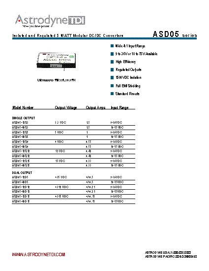 ASD05-12S12 datasheet - 5W Isolated and Regulated DC/DC Converter: 9-36 ...