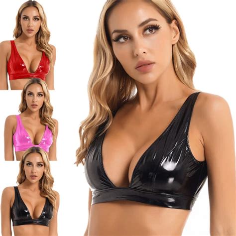 REGGISENO DONNA WETLOOK Sexy Lingerie Lucida Pelle Verniciata Crop Canottiera Party Clubwear EUR