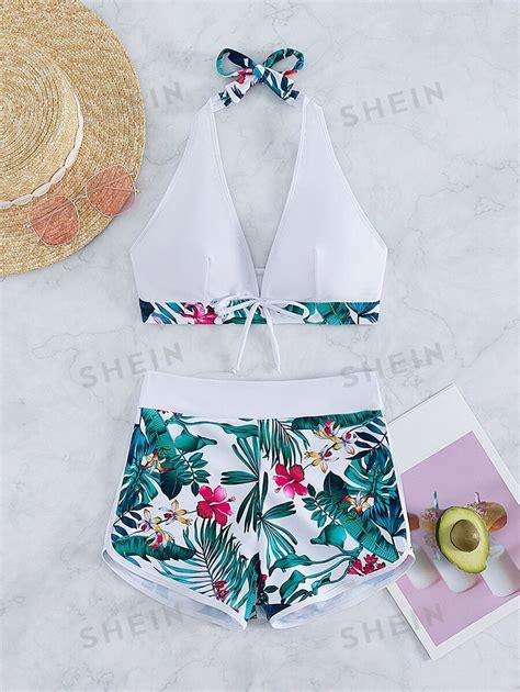 SHEIN Swim Tropical Print Bikini Set Halter Bra Boxer Shorts Piece Swimsuit SHEIN USA