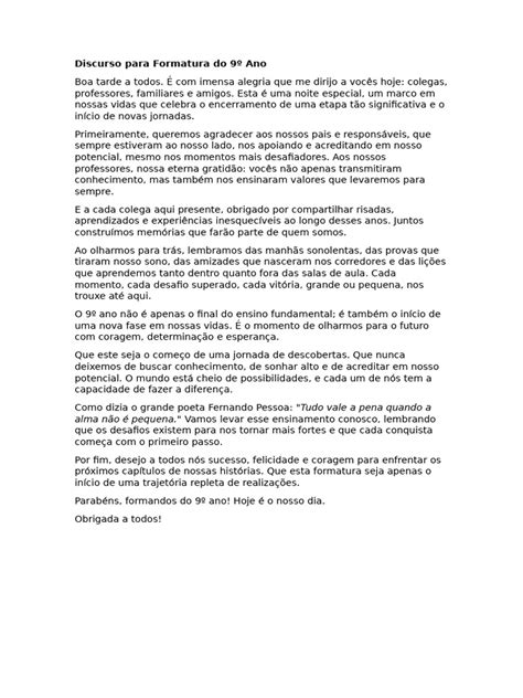 Um Discurso De Formatura Inesquecível - Discurso Emocionante de Formatura 9º Ano | PDF