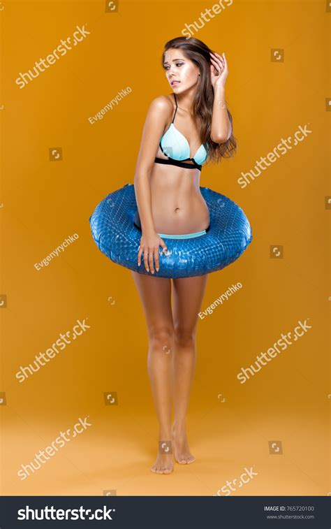 Beautiful Sexy Brunette Woman Blue Bikini Stock Photo