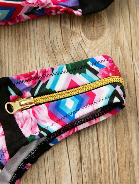 Halter Neck Printed Zipper Embellished Bikini Set Women S Bikini Set Colormix S In Bikinis