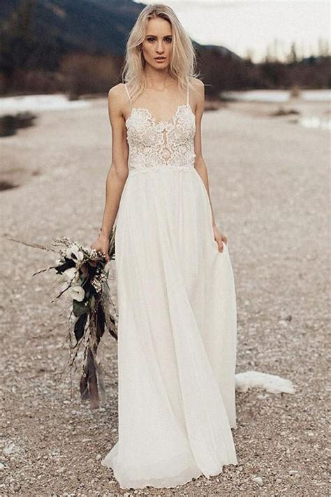 Lace Spaghetti Strap Chiffon Backless Beach Wedding Dresses W324