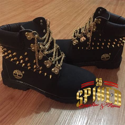 Black Timberlands W Gold Chain Laces With Or Without Spikes Women