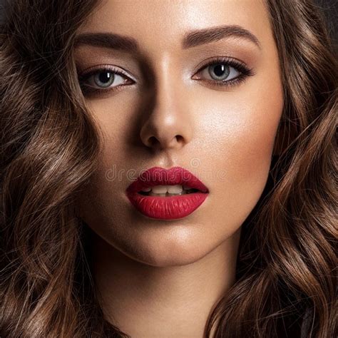 Beautiful Face Of Young Woman With Red Lipstick Stock Photo Image Of