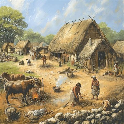 Premium Photo | Bustling Neolithic Village Scene Illustration