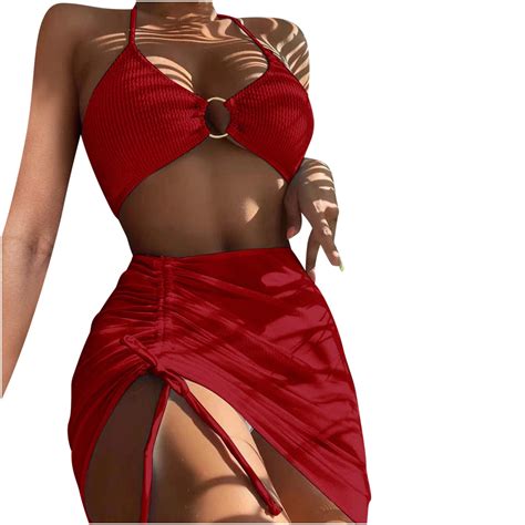 RQYYD Women S 3 Piece Swimsuits Halter Cutout Bikini Set String Bathing Suit With Drawstring