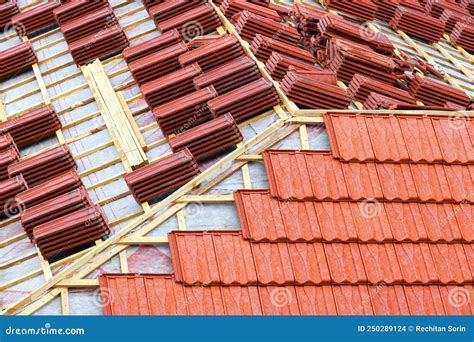 Roofing Construction With Clay Roof Tiles Roofer Laying Ceramic Roof