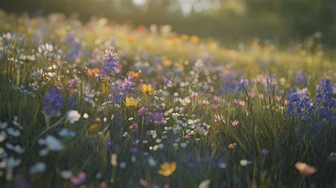 spring meadow full  colorful wildflowers stock illustration