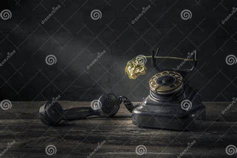 Vintage Black Phone On Old Wooden Table Background Stock Photo Image