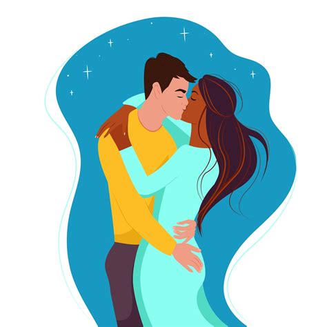 Multiracial couple, white guy kisses a black girl. Two lovers, vector
