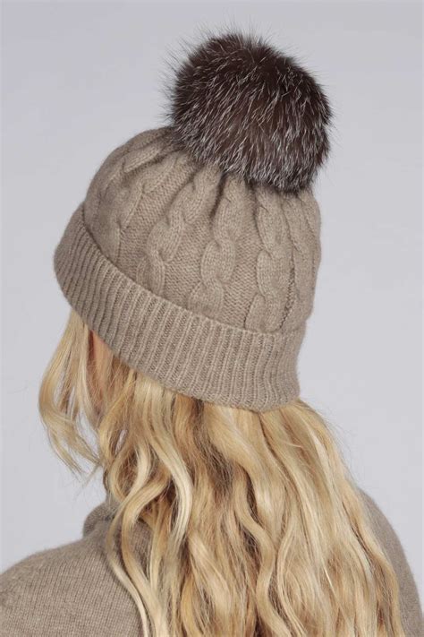 Camel Brown Pure Cashmere Fur Pom Pom Cable Knit Beanie Hat