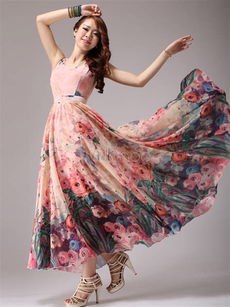 Floral Print Chiffon Maxi Dress Milanoo