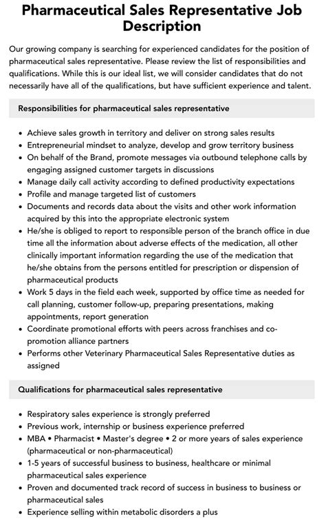 Pharmaceutical Sales Representative Job Description Velvet Jobs
