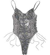 Amazon Lilosy Women Sexy Lace Up Floral Embroidered Teddy Lingerie Bodysuit Top Mesh Sheer