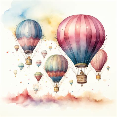 Whimsical Hot Air Balloons Watercolor Bundle Of Png Files For Wall Art Digital Prints T