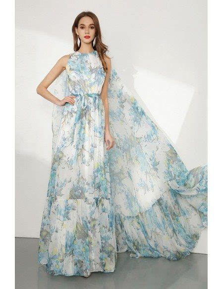 Floral Printed Chiffon Long Prom Dress Sleeveless For Formal Occasion Ck768