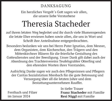 Traueranzeigen Von Theresia Stacheder Trauer Merkur De