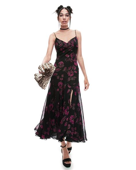 Sketch Floral Foil Printed Chiffon Midi Dress Black Chiffon Midi