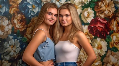 Premium Photo Two Lovely Girls Generative Ai Smiling Cheerful Blonde Perfect Figure Beautiful