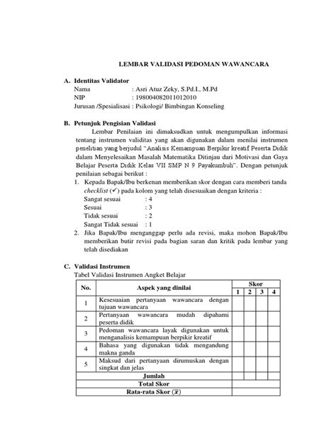 Contoh Lembar Validasi Instrumen Soal Tes Materi Soal