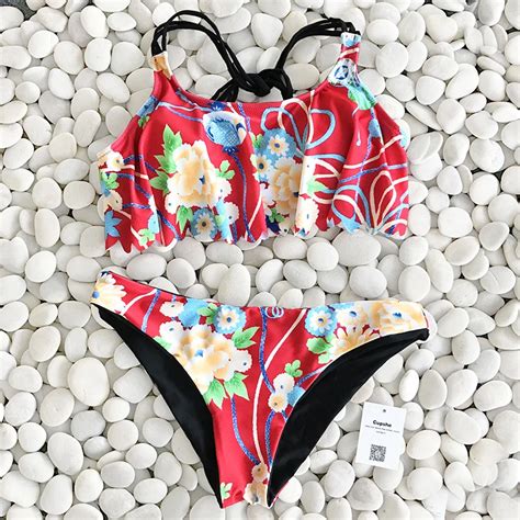 Cupshe Floral Print Falbala Bikini Set Women Summer Sexy Swimsuit