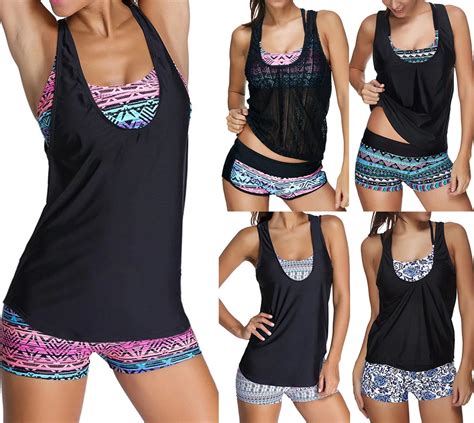 Tony Sexy Women Swimwear Three Pieces Tankini With Shorts Bottom Sporty Floral Printed Mesh