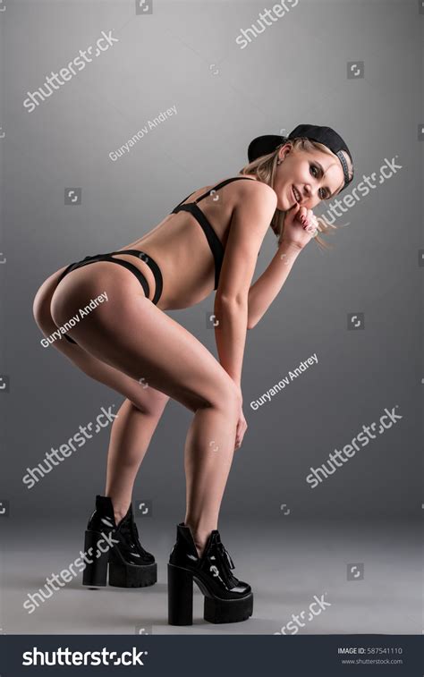 Sexy Blonde Posing Black Leather Belts Stock Photo Shutterstock