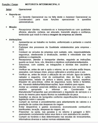 Descrição De Cargo Motorista - Descrição de Cargo Padrão para Motorista Intermunicipal II