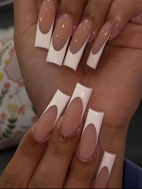 Pcs Long Coffin Shaped Nude White French Glossy Painted Nail Patch