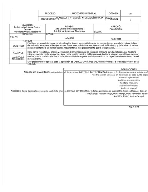 Pdf Ejemplo De Plan Auditoria Integral Compress Procedimiento