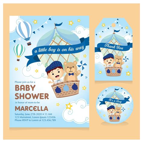 Hot Air Balloon With Boy And Bear Baby Shower Invitation Set Vector Art At Vecteezy
