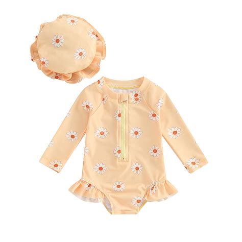 Esassaly Baby Girls Swimsuit Long Sleeve Flower Print Zipped Bikini With Hat Walmart