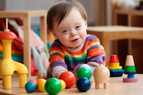 Fotos De Criança Com Síndrome De Down - Criança com síndrome de Down brinca com brinquedos educativos e sorri ...