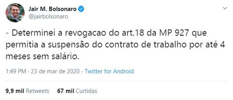 Bolsonaro Revoga Artigo De Mp Que Autorizava Suspensão Do Contrato De