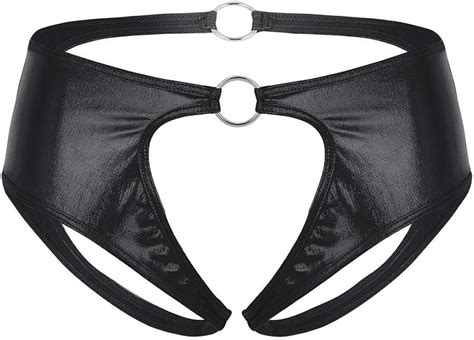 Women Lingerie Femme Soft Faux Leather Ouvert Suspensory Low Rise Briefs Underwear Open Crotch